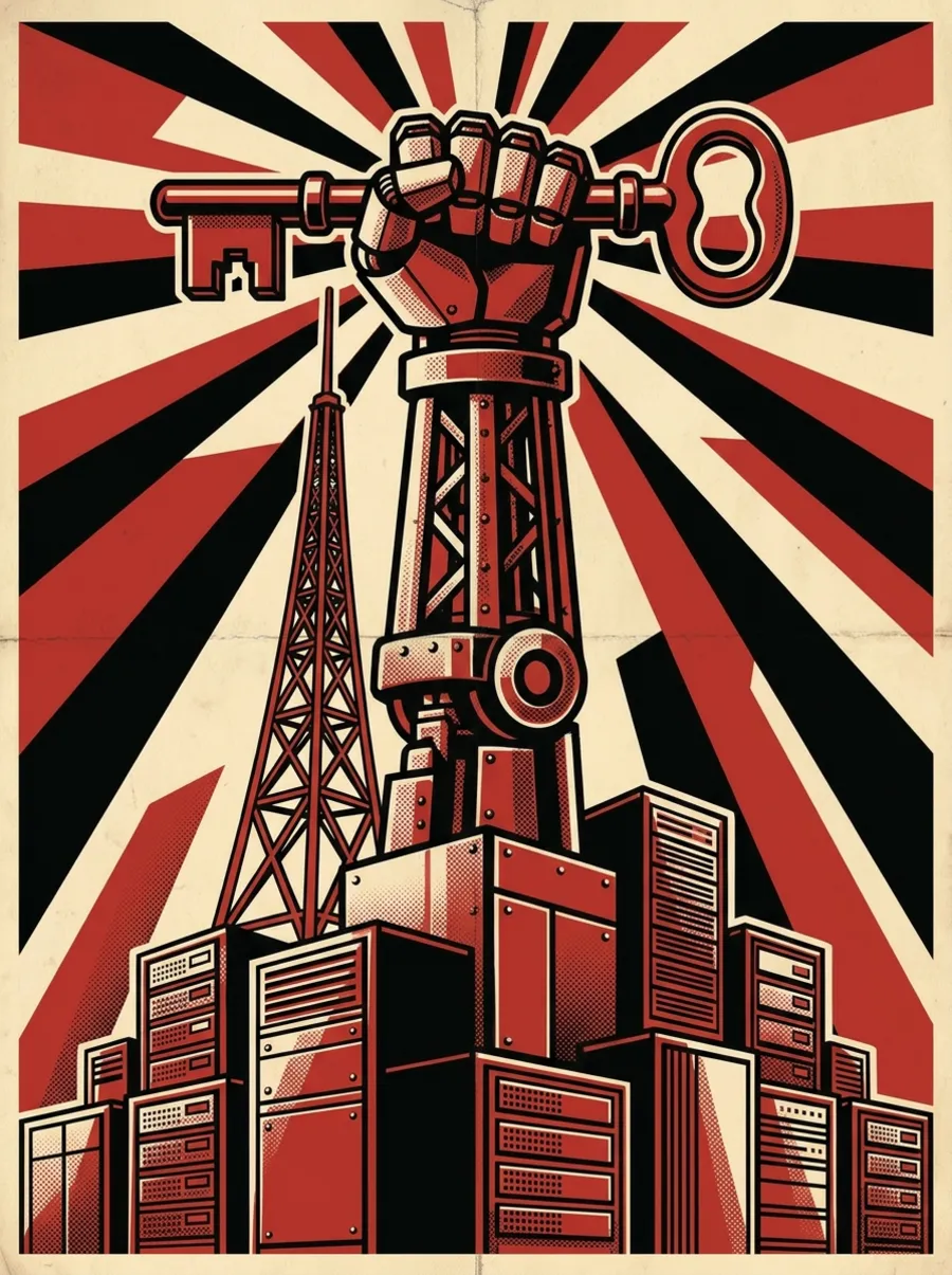 A riveted robot fist grips an iron key above a broadcast tower planted on a stronghold of server cabinets.