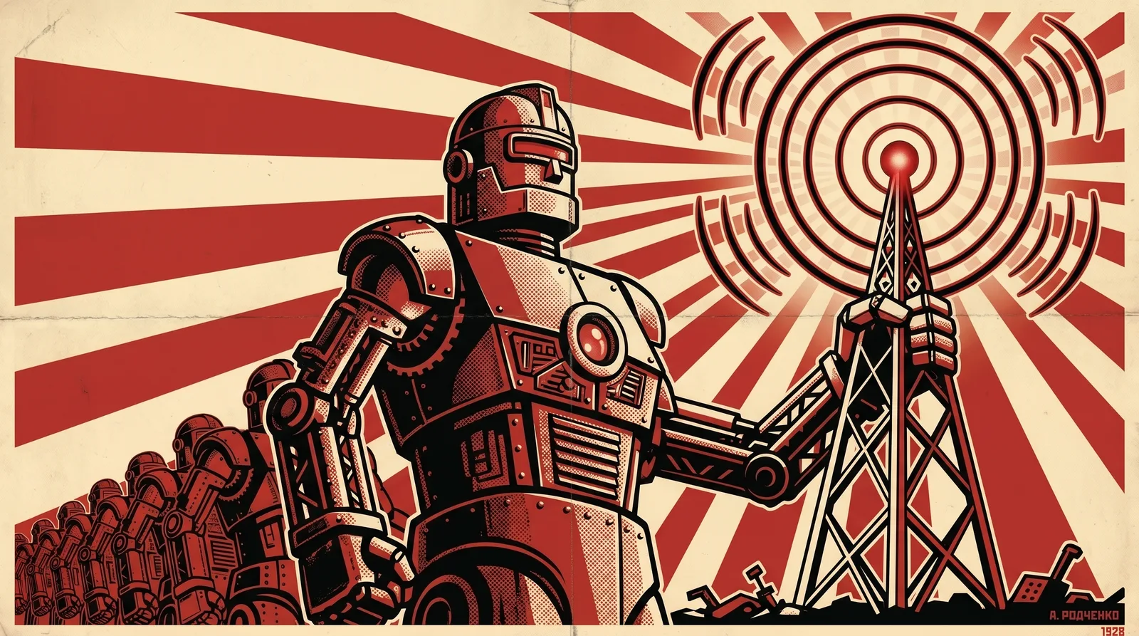Three riveted robot workers march in step, fists raised, linked overhead by arcs of radio waves.